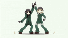 two anime characters are standing next to each other with chinese writing on the bottom
