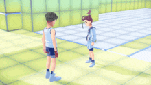 two cartoon characters are standing next to each other