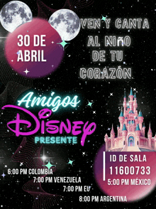 a poster for amigos disney presents with a pink castle on it