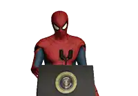 a cartoon of spider-man giving a speech at a podium with the seal of the president of the united states on it