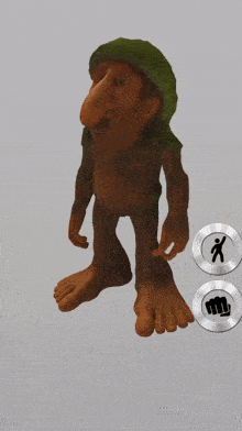 a cartoon character with a big nose and a green hat is standing next to a fist icon