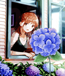an illustration of a girl looking out a window with a blue flower in the foreground