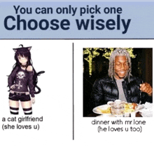 a picture of a cat girlfriend and a picture of a man eating food