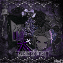 a picture of a girl with purple eyes and the words kagustuchi solo de jason