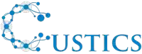 a logo for a company called ustics with a circle of blue dots