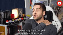 a man sitting in a chair talking into a microphone with the words please stop it you stupid marshmallow man below him
