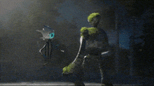 a drawing of a robot with a blue eye and a green arm