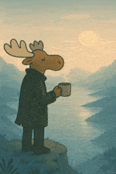 a moose is holding a cup of coffee and looking at a river