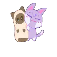 a purple cat and a brown cat are hugging each other on a white background