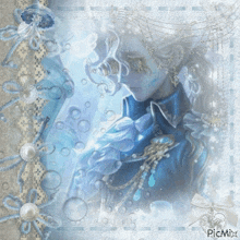 a painting of a woman in a blue dress with picmix written in the corner