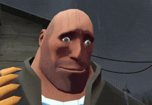 a bald man with a surprised look on his face is standing in the rain