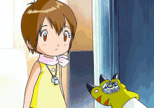 a girl in a yellow tank top with a lanyard around her neck stands next to a green monster