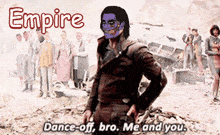 a man with a skull on his face is standing in front of empire