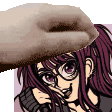 a close up of a hand holding a donut over a cartoon girl with glasses .