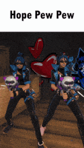 a picture of two women holding guns with the words hope pew pew below them