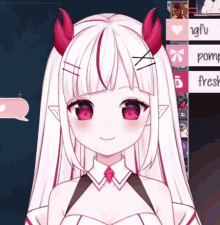 a girl with white hair and red horns is smiling and looking at the camera