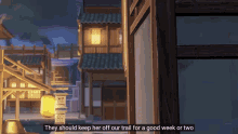 a video game scene with the words " they should keep her off our trail for a good week or two " at the bottom