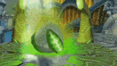 a green object is floating in the air in a video game scene .