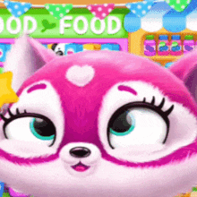a pink and white cartoon animal is standing in front of a food store .