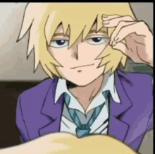 a cartoon character with blonde hair and a purple jacket and tie is looking at the camera .