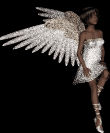 a woman in a white dress has wings on her arms and legs