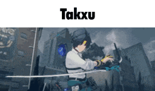a video game character is holding a sword and the name takxu is on the top