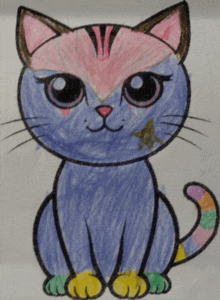 a drawing of a purple cat with a pink nose