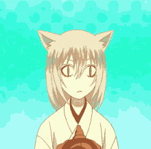 a girl with cat ears is eating a piece of bread