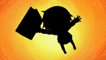 a silhouette of a person flying through the air holding a box .
