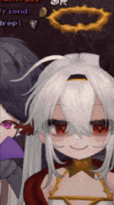 a girl with white hair and red eyes is smiling in front of a man with purple eyes