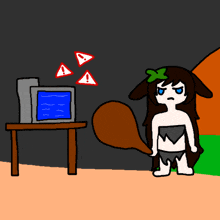 a cartoon drawing of a girl standing in front of a tv