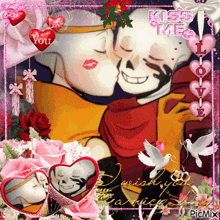 a picture of two skeletons kissing with the words " kiss me " on top