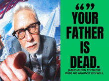 a man in a suit and tie is pointing at someone with a quote from james gunn