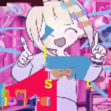 a cartoon girl is giving a thumbs up sign while holding a red box with the letter l on it .