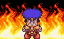 a pixel art of a boy with blue hair standing in front of fire .