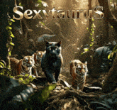 a group of tigers are walking through a jungle with sexytaurus written on the bottom
