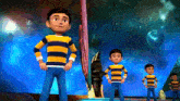 a cartoon boy in a yellow and blue striped shirt stands in front of a blue background