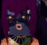 a drawing of a woman with purple hair and a necklace that says ' r ' on it