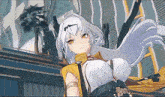 a girl with white hair and yellow eyes is standing in front of a palm tree