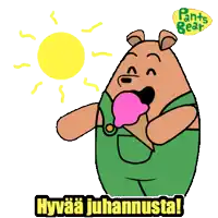 a cartoon of a bear eating an ice cream cone with the words hyvää juhannusta