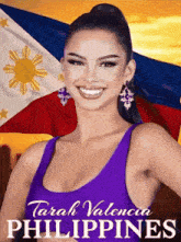 a woman in a purple tank top with tarah valencia philippines written on the bottom