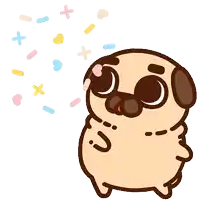 a pug dog is standing in front of a pile of confetti