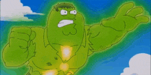 homer simpson is transformed into a green hulk with glowing muscles .