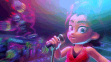 a cartoon girl singing into a microphone with a crowd behind her