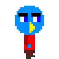 a pixel art drawing of a person wearing a red shirt and a blue face .
