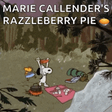 a cartoon of snoopy having a picnic with the words marie callenders razzleberry pie below him