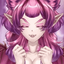 a close up of a cartoon character with purple hair and fangs