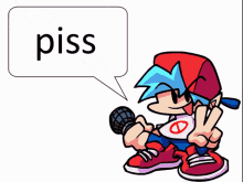 a cartoon character with a microphone and a speech bubble that says " piss "