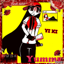 a picture of a girl holding a bloody knife with the words " my gf is a yummy "