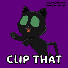 a black cat with green eyes is on a purple background with the words clip that below it